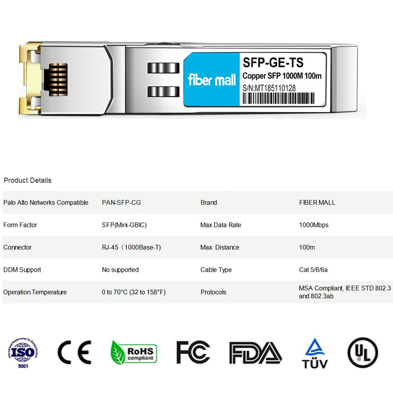 fiber mall SFP to RJ45 for Palo Alto Networks PAN-SFP-CG 1000BASE-T Mini GBIC SFP Copper RJ-45 100m Transceiver Module 1000Base-T：100m
