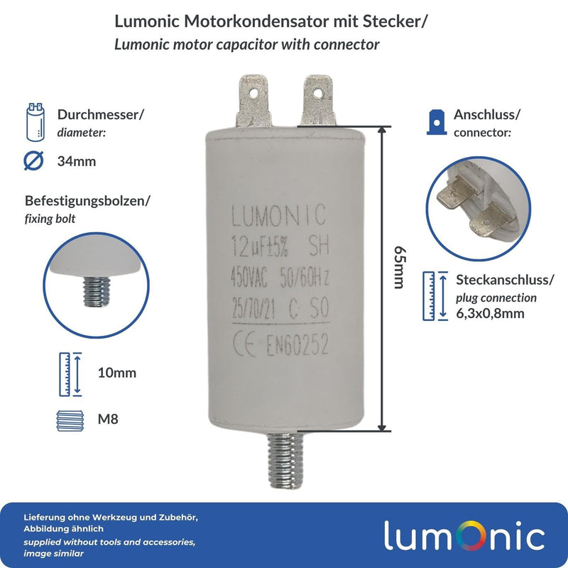 Lumonic Starting Capacitor with Plug 6.3 x 0.8 mm I 12µF 450 V I 34 x 65 mm I 12uF I Motor Capacitor with Plastic Housing I Operating Capacitor I for Pump Plugs