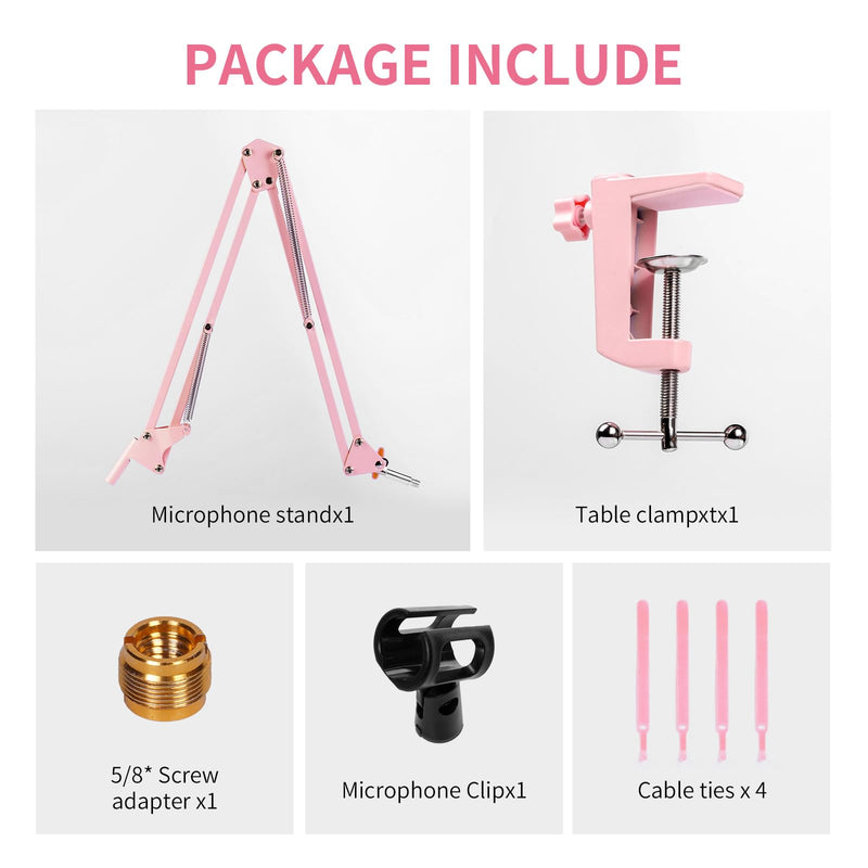 FEELWORLD AMS1 Microphone Boom Arm, Adjustable Mic Arm Stand with 3/8” to 5/8” Screw, Compatible with PM1 and other Mics for Podcast Straming Gaming Studio （Pink) Pink
