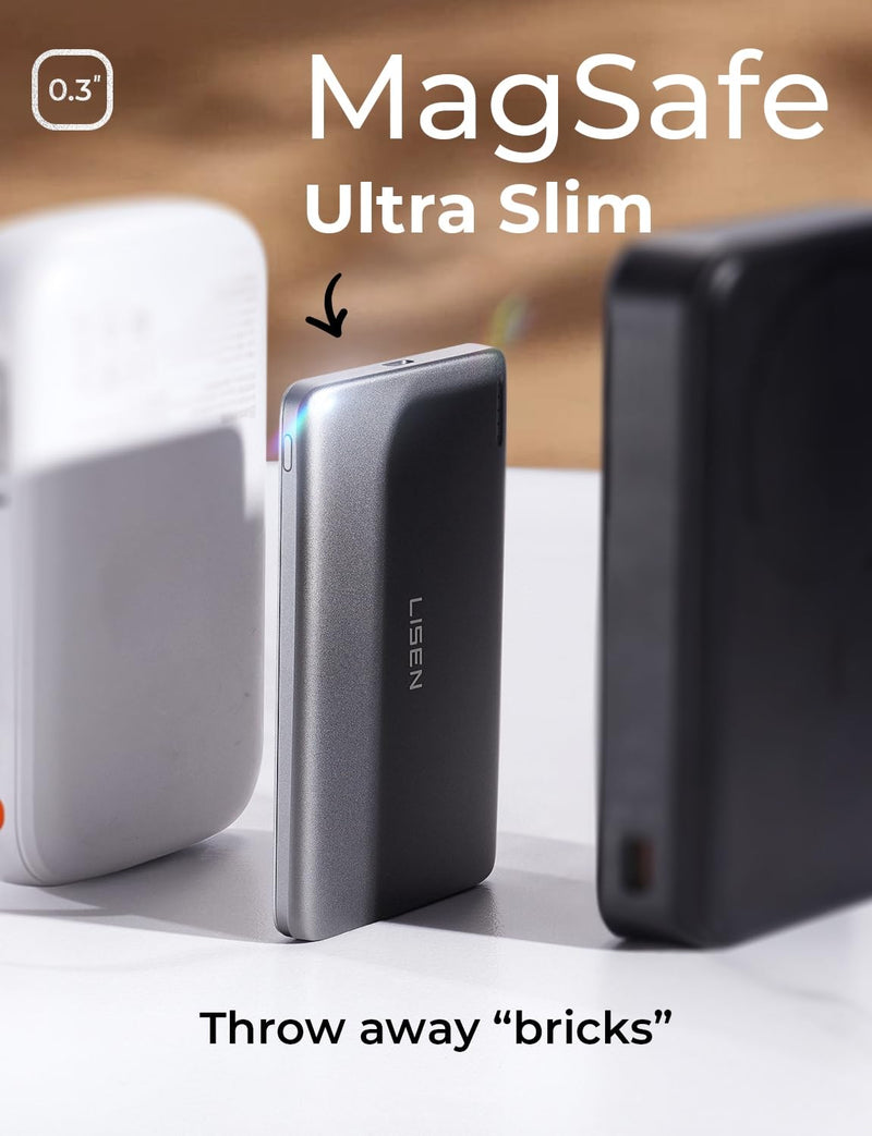 [AUSTRALIA] - LISEN 0.3‘’ Ultra Slim MagSafe Portable Charger iPhone,Alloy 5,000mAh Magnetic Wireless Card Power Bank,MagSafe Battery Pack for iPhone 16/15/14/13/12,Valentines Day Gifts for Men Women,Glacier Gray Glacier Gray 0.3‘’ 