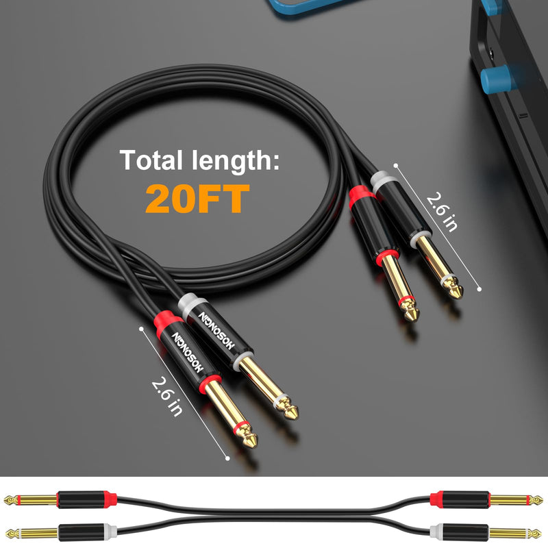 [AUSTRALIA] - HOSONGIN Dual 1/4 inch TS to Dual 1/4 inch TS Stereo Interconnect Insert Cable for Amplifer Mixer, 20 Feet, PVC Jacket-Gold Plated Plug-Double Shielding 