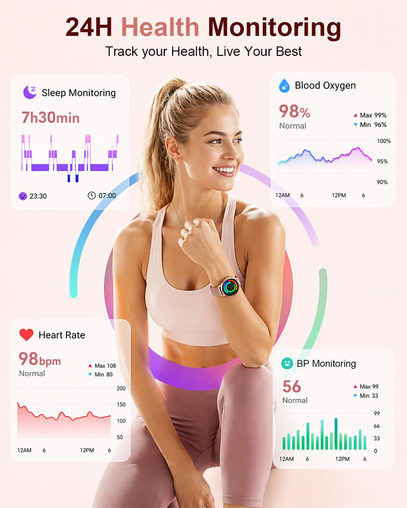 Smart Watches for Women,1.32'' AMOLED Ultra-Thin Smart Watch with Bluetooth Make/Answer Call,Heart Rate/SpO2/Sleep Tracker,120+ Sport Modes IP68 Fitness Watch Android/iOS Compatible,4 Straps,Rose Gold Rose Gold(4 Bands)