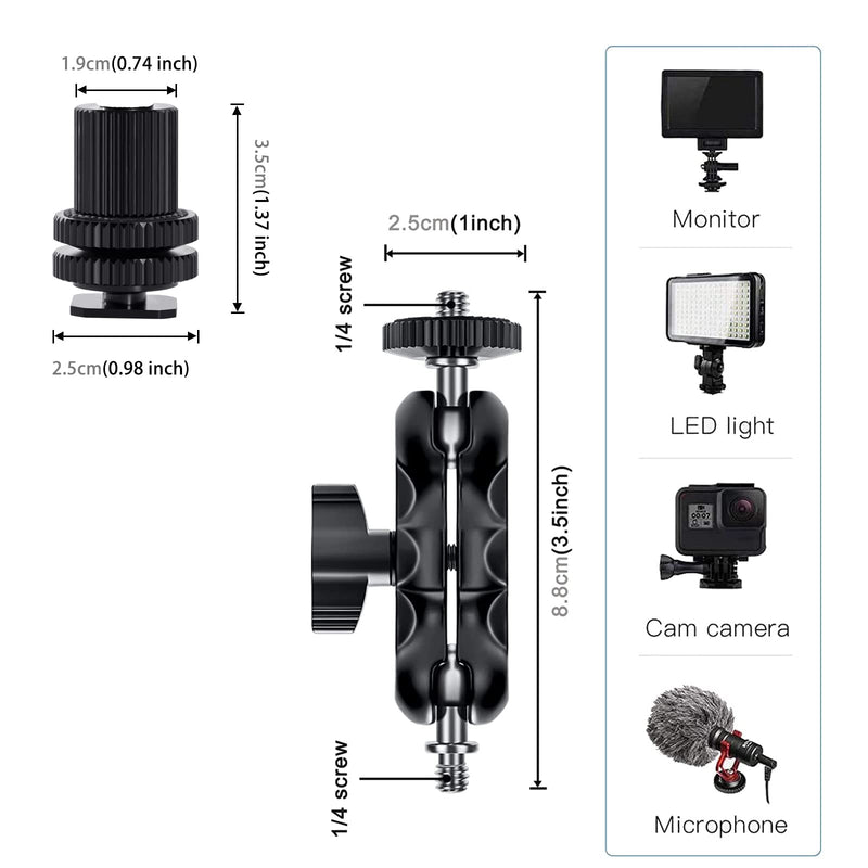 Magic Arm Cool Ballhead Double Ball Head Adapter with 1/4’’ Screw and Cold Shoe Mount - 2 Pack for Cameras, Camcorders, Monitor, Flash, LED Light, Microphone, and More