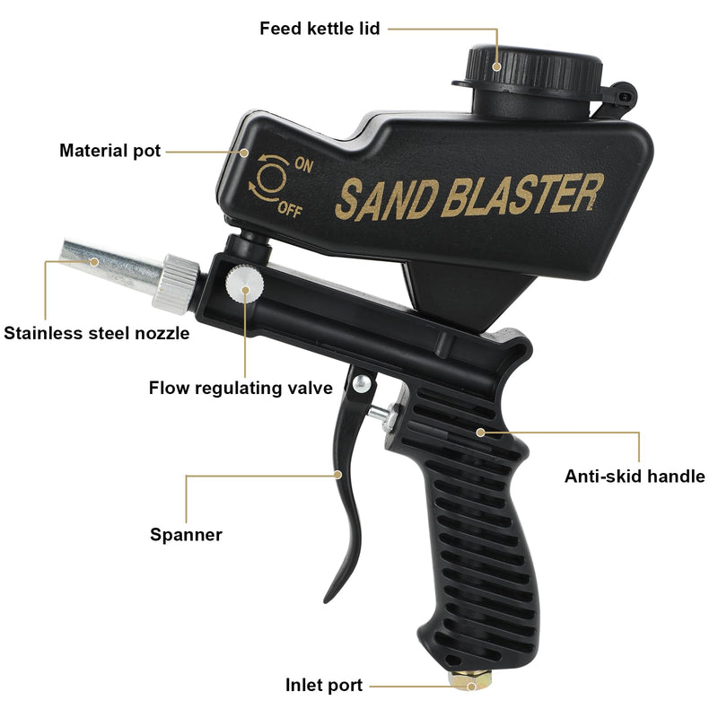 Portable Pneumatic Sandblasting Gun - Multifunctional Compressed Air Sand Blaster Machine Small Hand-Held Sandblasting Device Suitable for Removing Paint Rust Stains (Black)