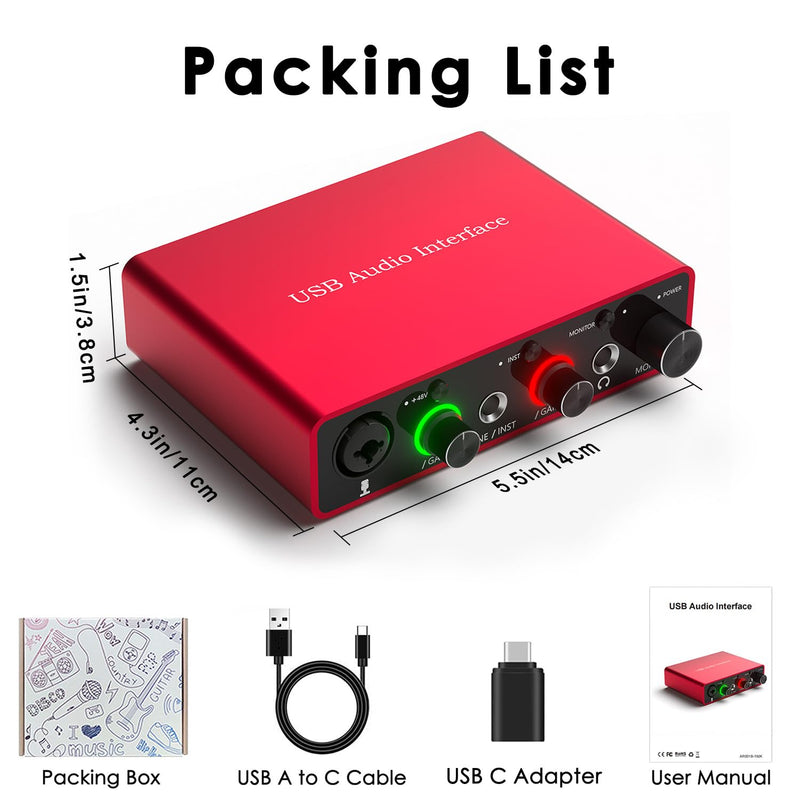 Solo USB Audio Interface for Recording Podcasts and Streaming,24-bit/192kHz,Plug and Play for Professional Recording,XLR Power Supply, Red Audio Interface,for PC and Mac,Noise-Free. Solo USB Audio Interface