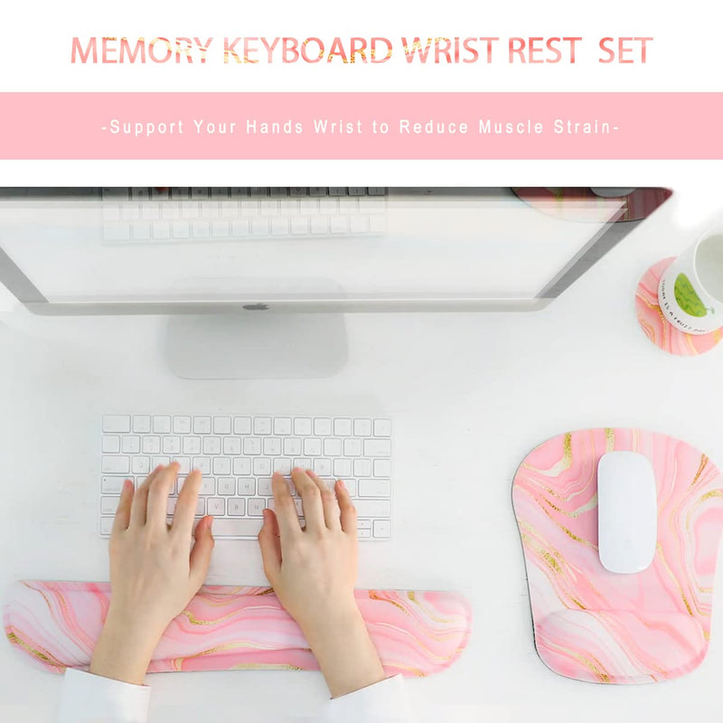 Memory Foam Ergonomic Keyboard Wrist Rest Pad and Mouse Wrist Rest Support Mouse Pad Set with Non-Slip Rubber Base Set for Office Gaming Easy Typing & Pain Relief-Pink Marble Pink Marble