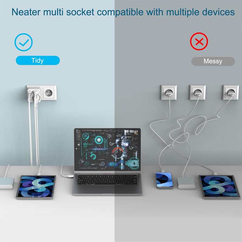 Multiple Socket with 4 USB Power Plugs, Double Plug for USB Socket, Multiple Plug for USB Socket and USB C Adapter, Wall Charger, Power Strip (White) White
