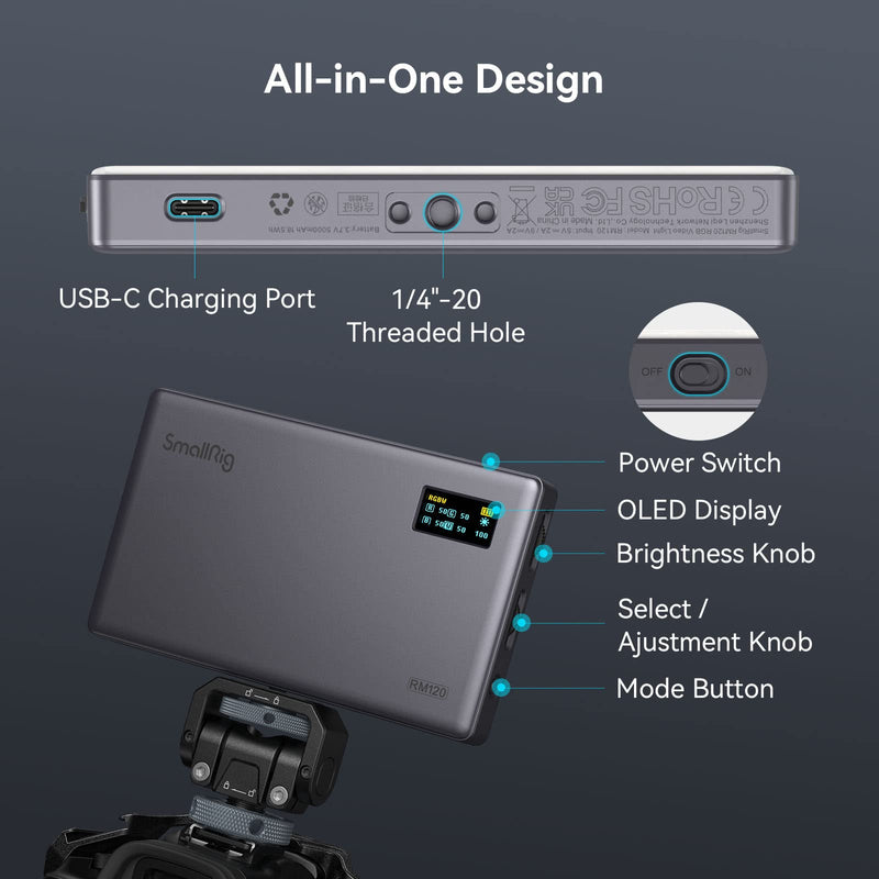 [AUSTRALIA] - SmallRig RM120 RGB Video Light, 5000mAh 180 Minutes Portable Camera Light 7W Output Power, LED Video Light Panel, 2500-8500K CRI TLCI 98+ for TikTok, Content Creator, Photographer 