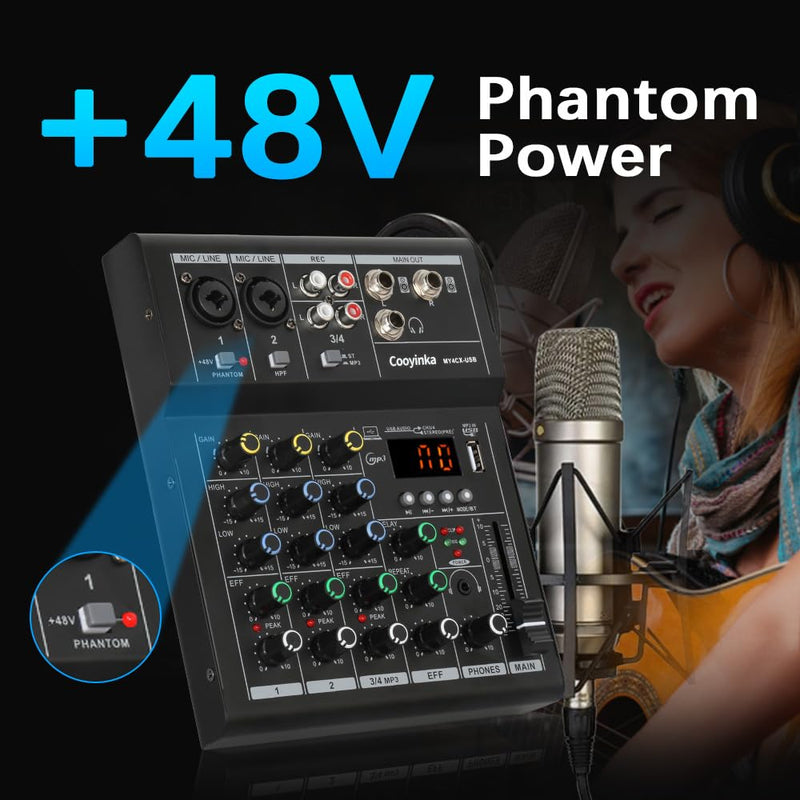 Dj Mixer, Audio Mixer for PC 4 Channel Bluetooth Sound Board with USB Interface, Cooyinka Mixer Audio Built-in 48V Phantom Power Sound Card for Live Streaming, Podcasting/Black