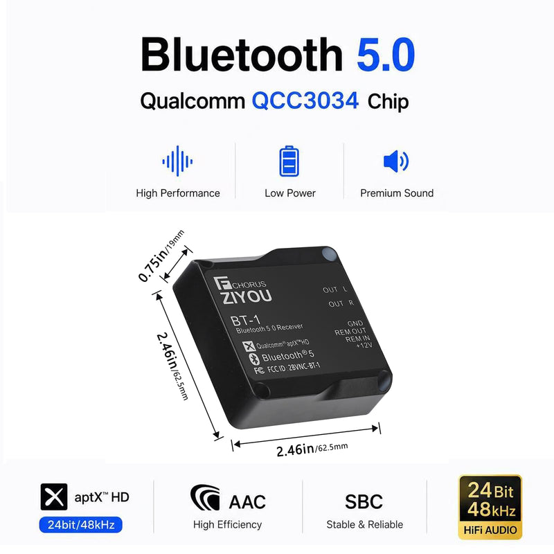 BT-1 IPX7 Bluetooth Receiver aptX HD Dual RCA Marine Vehicles | BT-1 Compatible With iOS & Android, Versatile For All Uses, Waterproof, Durable & Easy To Install.