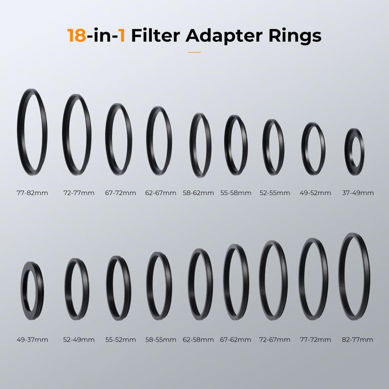 K&F Concept 18 Pieces Filter Ring Adapter Set, Camera Lens Filter Metal Stepping Rings Kit (Includes 9pcs Step Up Ring Set + 9pcs Step Down Ring Set) Black