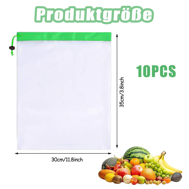 [AUSTRALIA] - Vimmvid Pack of 10 Fruit Vegetables Large Mesh Bag, Washable Vegetable Net and Shopping Net with Drawstring, Transparent Mesh Bags for Fresh Storage of Fruit and Vegetables, Green, Unit size 