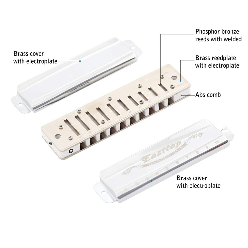 [AUSTRALIA] - East top Diatonic Blues Harmonica 10 Holes Key of G Professional Diatonic Blues Mouth Organ T008, Silver Harmonica For Adults, Professional Player and Students 