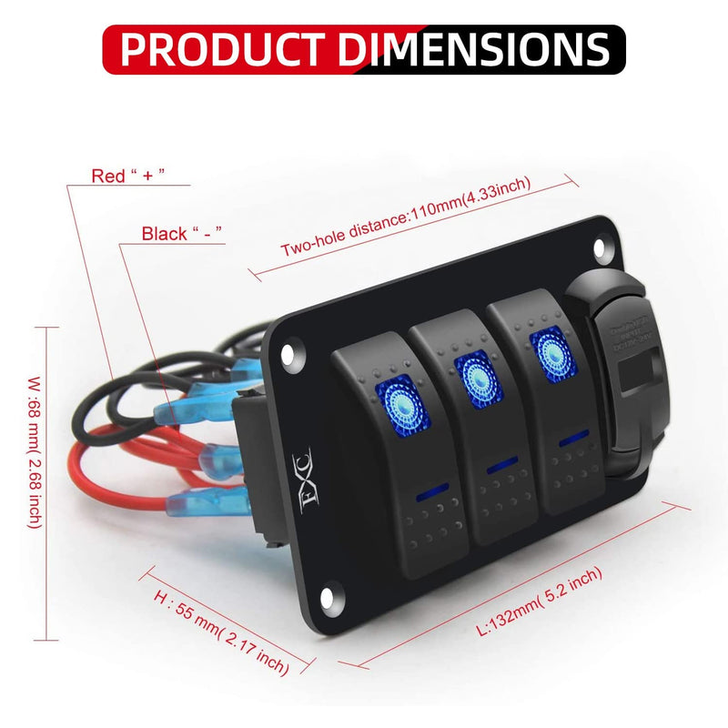 Purishion 3 Gang Rocker Switch Aluminum Panel with Voltmeter & Dual USB(4.8 Amps) Fast Charging, Blue Backlit Led, Pre-Wired IP65 Waterproof for Marine, Boat, Car, Truck, Polaris, Jeep (Blue)