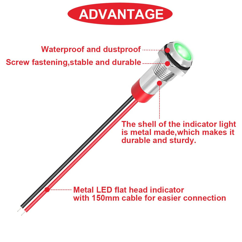 [AUSTRALIA] - 5Pcs 6mm DC 12-24V Red/Yellow/Blue/Green/White LED Metal Indicator Light Waterproof Signal Lamp with 150mm Cable Length Metal LED Indicator Light and Wiring Cap for Car Interior Trucks Boats 