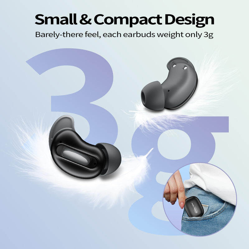Mini ANC Sleep Earbuds, Wireless Ear Buds Headphones for Side Sleepers | Skin-friendly silicone noise cancelling earbuds with smart sleep mode. Mutes alerts for uninterrupted night sleep. Black