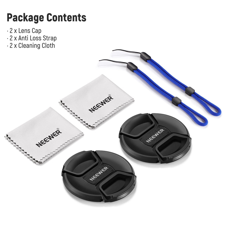 Neewer 82mm Lens Cap Kit (2 Pack), Lens Cover with Anti Loss Strap and Cleaning Cloth, Compatible with Canon Nikon Sony Fujifilm Panasonic Camera Lens of 82mm Diameter