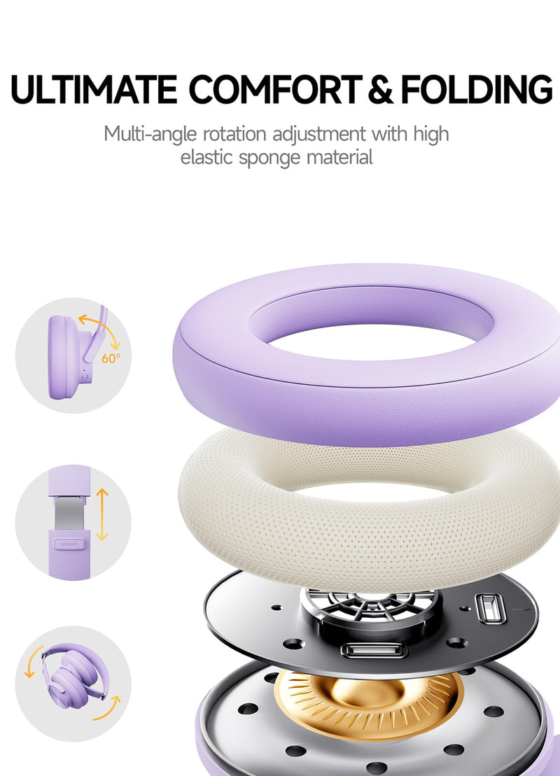 Picun B8 Headphones Wireless Bluetooth, 120H Bluetooth Headphones Over Ear with 3EQ Music Modes, Hands-Free Calls, Deep Bass Headphones for Travel Home Office Cellphone PC (Purple) Purple