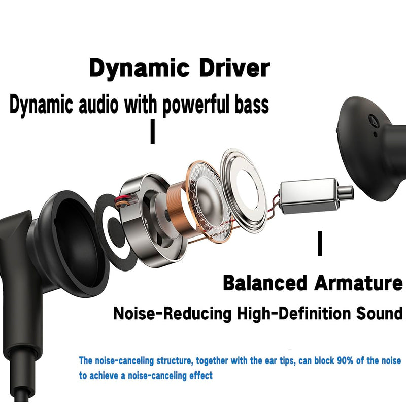 USB C Wired Headphones with Noise-Canceling Mic Powerful Bass In ear Earbud | Dual-Driver Noise-Isolating Wired Earbuds Call Noise Reduction,Type C Plug Deep Bass Earphones with DAC & HD Sound Black