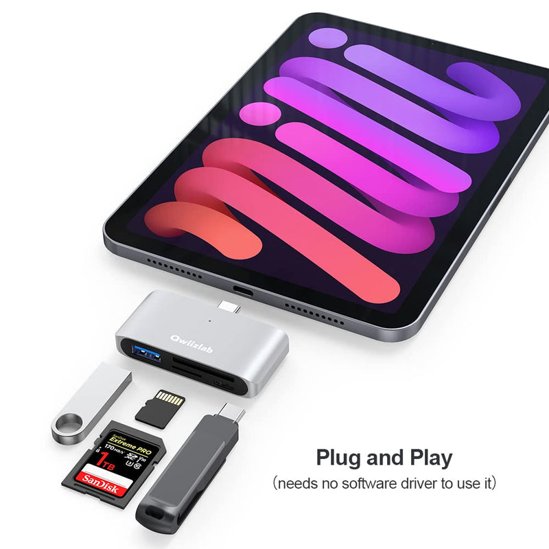 Qwiizlab 4-in-1 USB-C 3.0 Hub, SD/Micro Memory Card Readers, USB-A 5Gbps, USB-C 2.0, for MacBook Air Pro iMac HP XPS Lenovo Windows Laptop PC(Silver) Silver