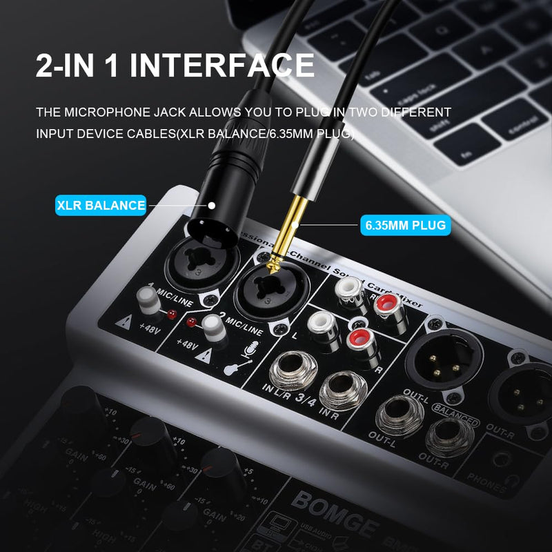 BOMGE 4 Channel mini DJ Audio Sound Mixer Interface with MP3、 USB, Bluetooth, Stereo Recording, 48V Phantom Power, 99 DSP for karaoke, performance, church singing 、 podcas streaming- white WHITE-04F