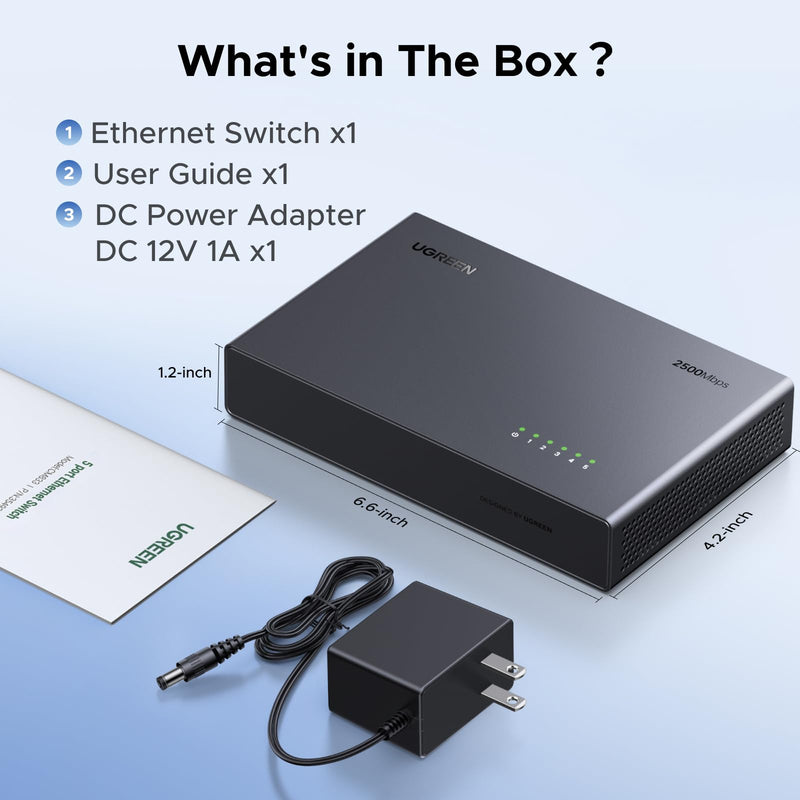 UGREEN 2.5Gb Switch, 5-Port Ethernet Switch, 5 x 2.5Gb Uplink, Plug & Play | Unmanaged Ethernet Splitter, Desktop/Wall Mount Network Hub, with LED, Fanless Quiet, for NAS, PC, Game Console