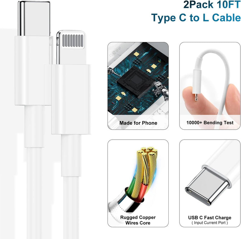 Phone Charger Fast Charging 10 FT, Long USB C to Lighting Cable 10 Foot with 20W USB C Rapid Phone Charger Block, Compatible with iPhone 14 Pro/13Pro Max/12/11Pro/Mini, 2 Pack White 2Pack 10FT