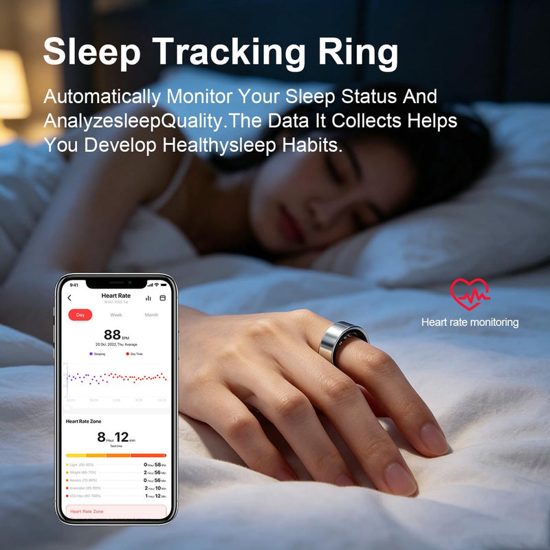 Smart Ring for Women Men Health Tracker Ring No APP Fee 7-Day Battery Life IP68 Waterproof Sleep Step Monitor (Silver, 9) Silver