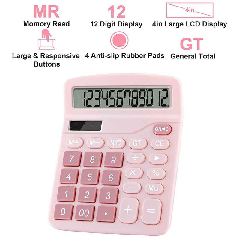 Office Calculators Desktop, 12-Digit Dual Power Cute Calculator with Large LCD Display Big Button for Office Home and School (Pink) Pink