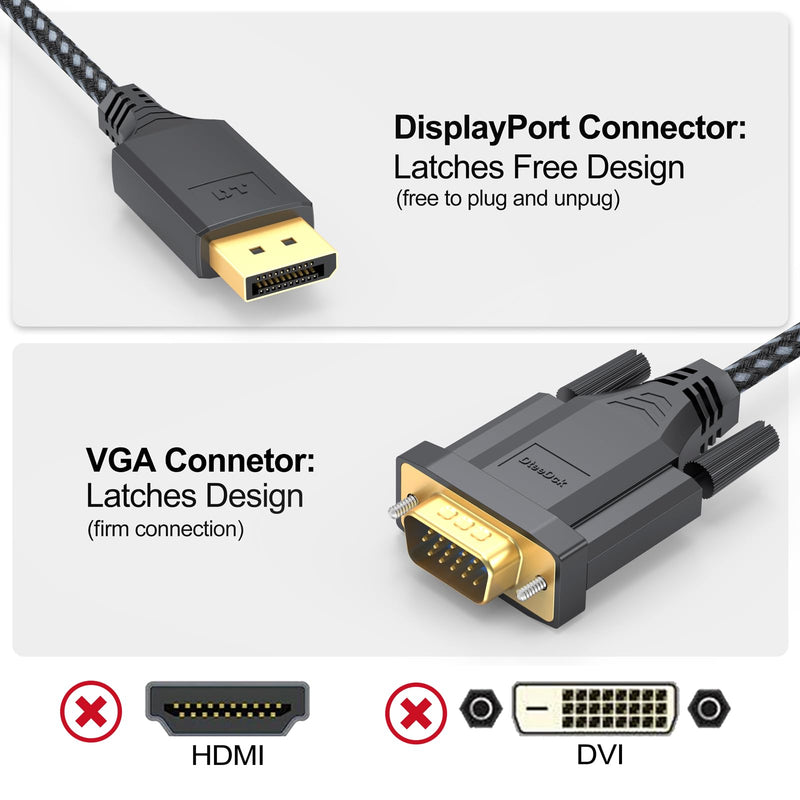 DisplayPort to VGA Cable 3Ft, DP Display Port to VGA Adapter Cable Converter Male to Male Braided Cord for Monitor Desktop Laptop Display Projector HDTV 3 Feet 1 Pack
