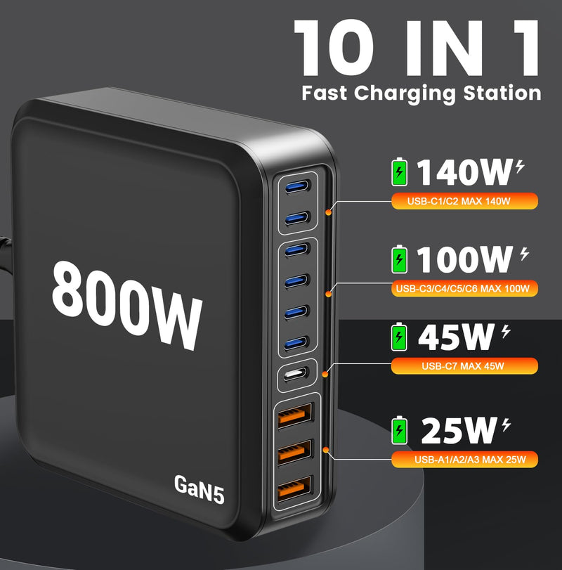 800W USB C Charger Block Fast 10-Port USB C Charging Station GaN PD 140W Laptop Charger Adapter for MacBook Pro/Air, DELL, iPad, iPhone, Samsung Galaxy