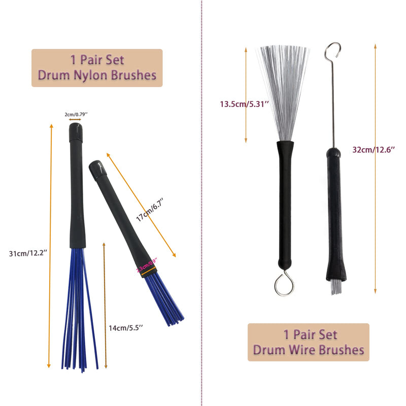 Drum Brushes Set 1 Pair Retractable Wire Brushes and 1 Pair Nylon Brushes Set with Rubber Handles for Cajon Jazz Percussion Accessories