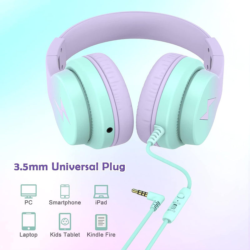 Kids Headphones, Wired Headphones for Kids Over Ear with Microphone, 85/94dB Volume Limiter Headphones for Girls Boys with Sharing Jack, Foldable Headphones for Online Study,Gradient Purple Light Purple