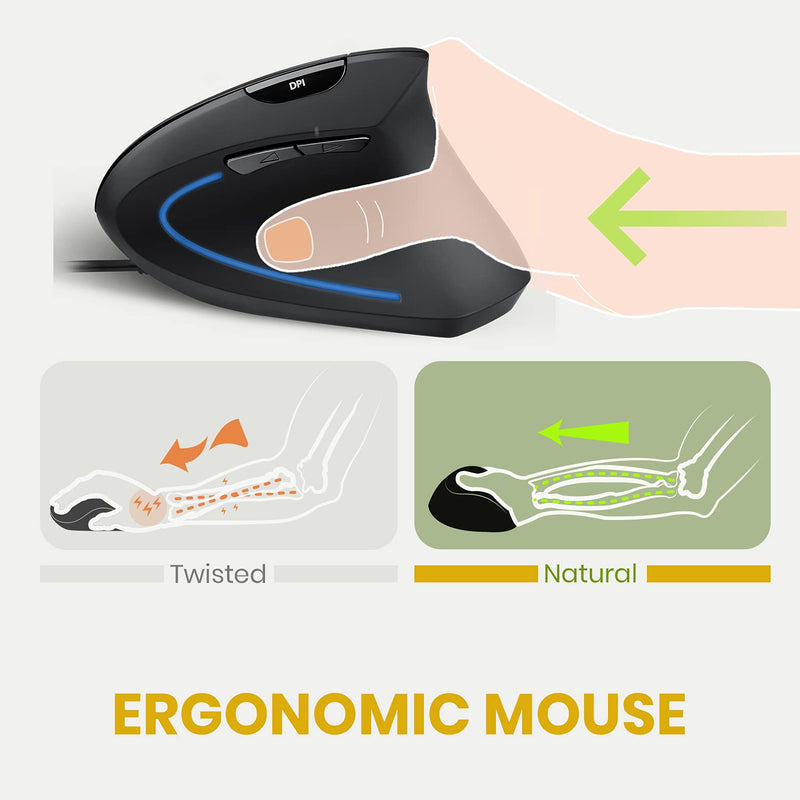 Perixx Perimice-513 Wired Vertical USB Mouse, 6 Buttons with 1000/1600 DPI, Right Handed Design, black (11168)
