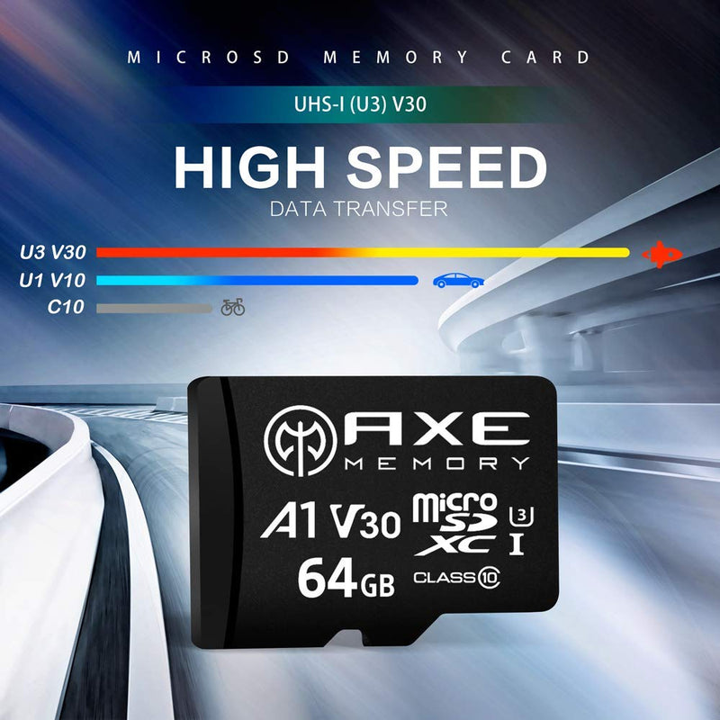 AXE MEMORY 64GB microSDXC Memory Card + SD Adapter with A1 App Performance, V30 UHS-I U3 4K Black - A1 High Speed 64 GB