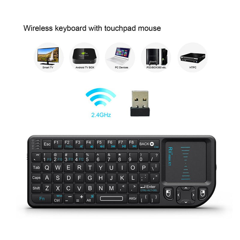 Rii 2.4G Mini Wireless Keyboard with Touchpad Mouse,Lightweight Portable Wireless Keyboard Controller with USB Receiver Remote Control for Windows/ Mac/ Android/ PC/Tablets/ TV/Xbox/ PS3. X1-Black .