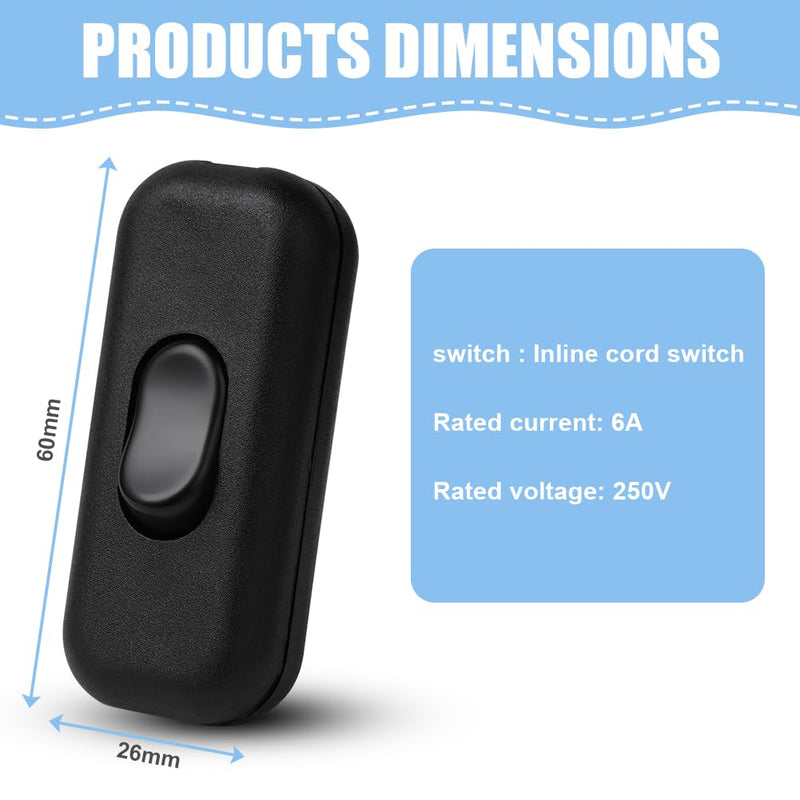 AXFEE Inline Switch, Pack of 2 250 V 6 A Intermediate Switch Cord Switch, Cable Switch, Rocker Switch, 2-Core and 3-Core Leads, Cord Switch for Lamp Small Appliances, Black Black - Pack of 2