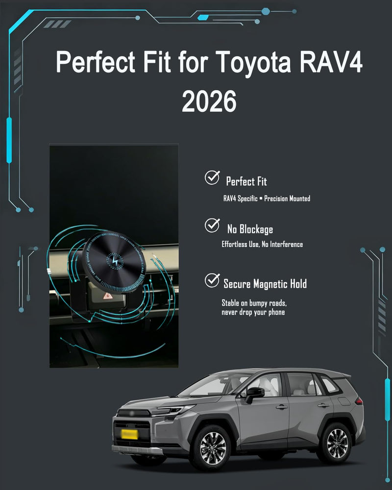 for Toyota RAV4 Phone Mount 2026 Magnetic Fast Wireless Charging | Custom Fit for rav4, Strong Magnetism, Universal Compatibility, 360° Rotation, No Drill, No View Blockage, Secure Hold