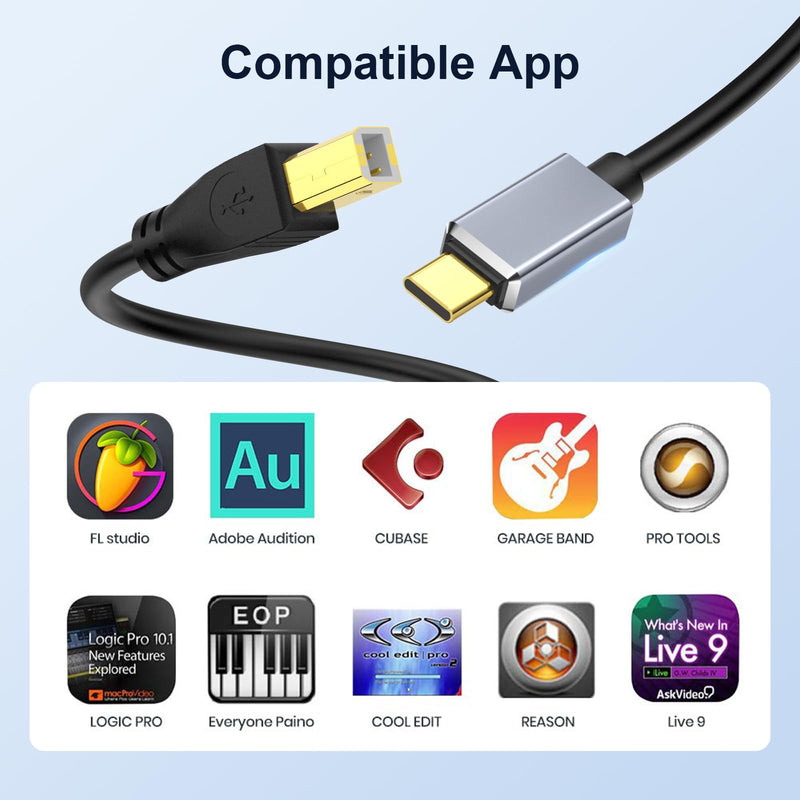 MeloAudio USB C MIDI Cable, Type C to USB 2.0 MIDI Interface Cable for Midi Controller, Midi Keyboard, Audio Interface for ipad, Samsung, Laptop, MacBook, 5FT USB B to USB C Printer Cable Black