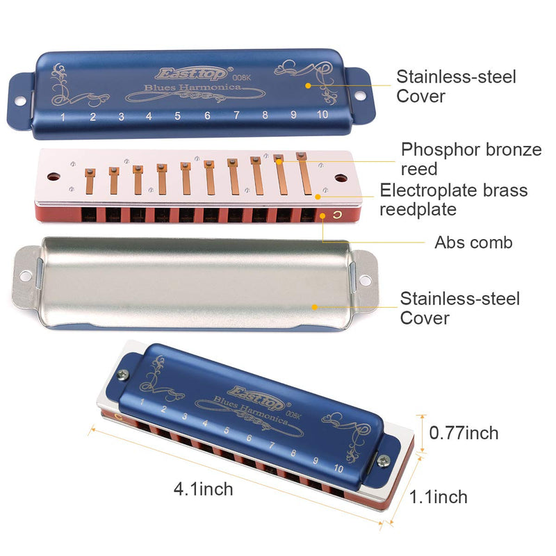 [AUSTRALIA] - Easttop Professional Harmonica Blues Key of C 10 Hole 20 Tone Heavy Duty with Case & Cleaning Cloth for Professional Player, Beginner, Students, Best Gift 