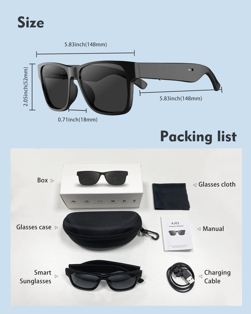 RUIMEN Bluetooth Audio Smart Glasses for Men Women, Smart Sunglasses with Speakers and Mics Open Ear Music Hands-Free Calling, Volume Control, Anti-UV Lens, IP4 Waterproof Classic Black Standard Size