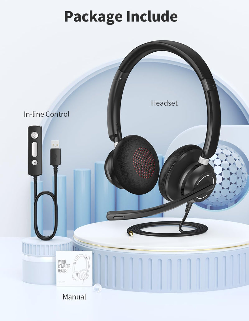 [AUSTRALIA] - Wired Headphones with Microphone for PC, On-Ear Computer Laptop USB Headset with Noise Cancelling Microphone in-line Control for Home Office Online Class Skype Zoom, (3.5mm + USB) 1 Count 