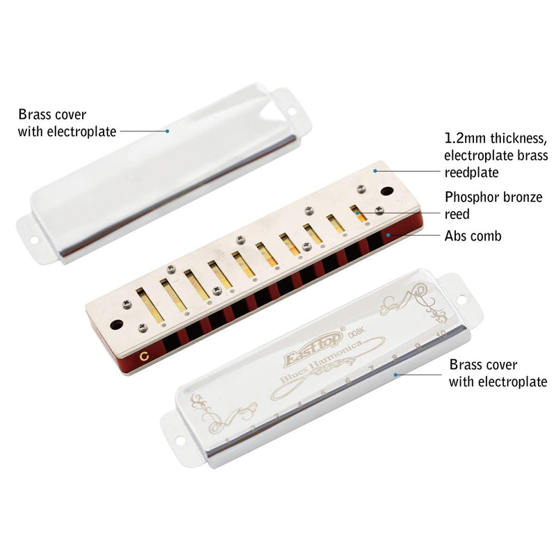 East top Harmonica Key of C 10 Holes 20 Tones 008K Blues Diatonic Mouth Organ with Silver Cover, Deluxe Harmonica C For Adults, Professionals and Students as gift silver-C