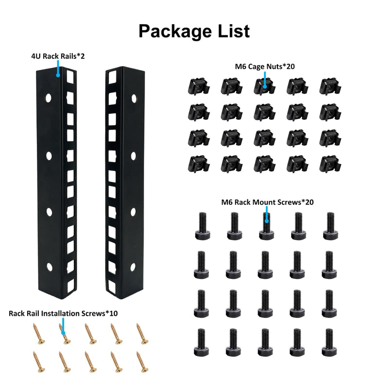 4U Rack Rails with M6 Rack Mount Screws and Cage Nuts Set for DIY Server and Studio Racks
