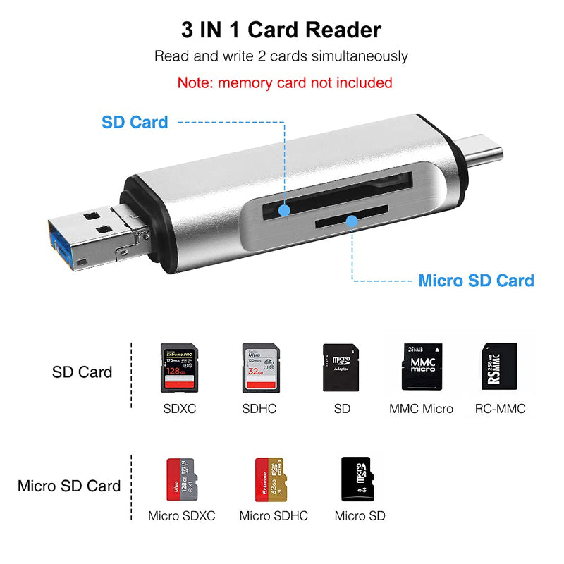 SD/Micro SD Memory Card Reader, BorlterClamp 3 in 1 Memory Card Reader with USB C Micro-USB OTG Adapter Compatible with PC, Laptop, MacBook, Tablet, Smartphone (Silver) silver