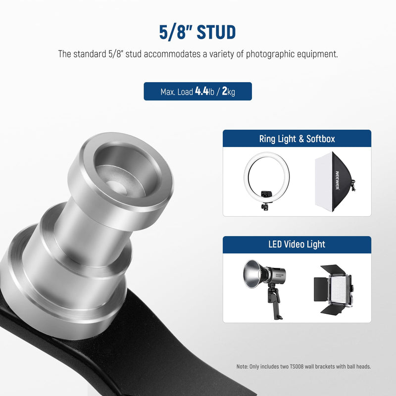 [AUSTRALIA] - NEEWER 2 Pack T Type Wall Ceiling Mount, Ring Light Wall Mount Bracket with Detachable Ball Head, 5/8" Stud, 1/4" Screw for Flash Strobe Camera Monitor Studio Lighting, Max Load: 4.4lb/2kg, TS008 