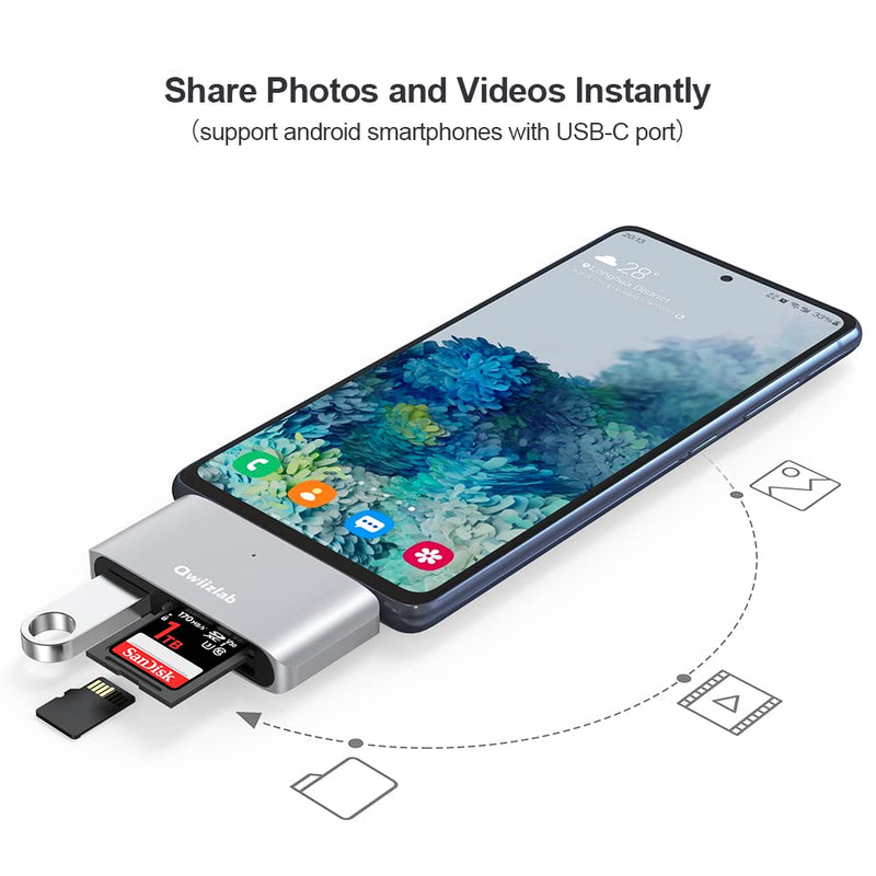 Qwiizlab 4-in-1 USB-C 3.0 Hub, SD/Micro Memory Card Readers, USB-A 5Gbps, USB-C 2.0, for MacBook Air Pro iMac HP XPS Lenovo Windows Laptop PC(Silver) Silver