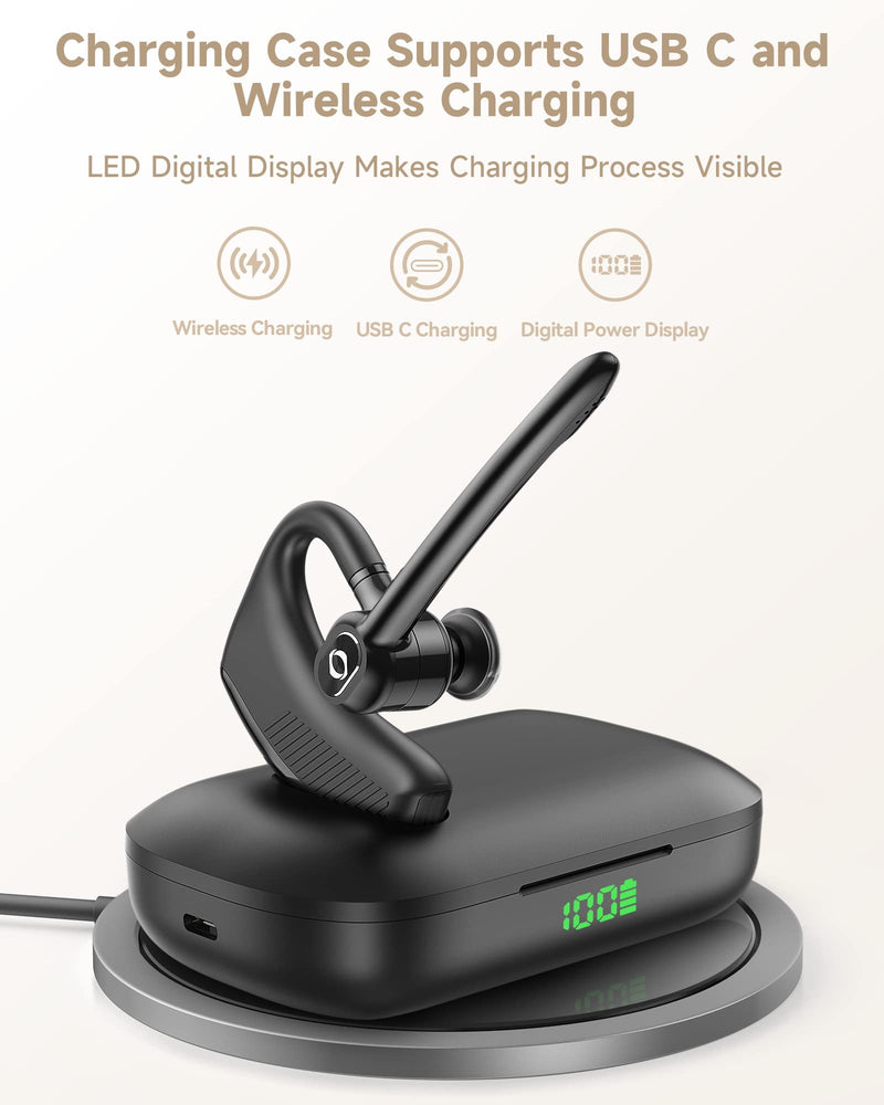 Bluetooth Headset Wireless Earpiece iPhone Android Wireless Charging Case Microphone Earpiece Handsfree Single Ear Headset LED Digital Display Phones Computer Work 180H Playtime 1000mAh Drivers