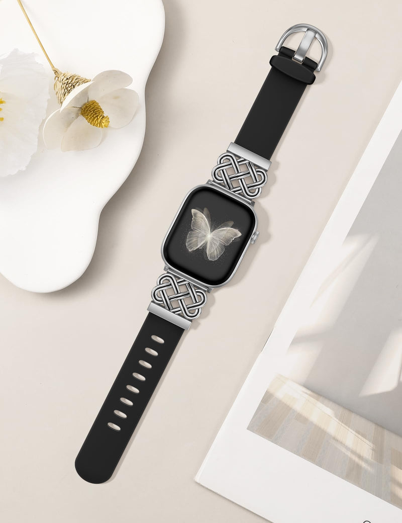 Minyee 2 Packs Band Compatible with Apple Watch Band Women 42/46/38/40/41/44/45/49mm, Celtic Knot Silicone Band & Dressy Pretty Stainless Steel Metal Fancy Studded Designer Link Bracelet