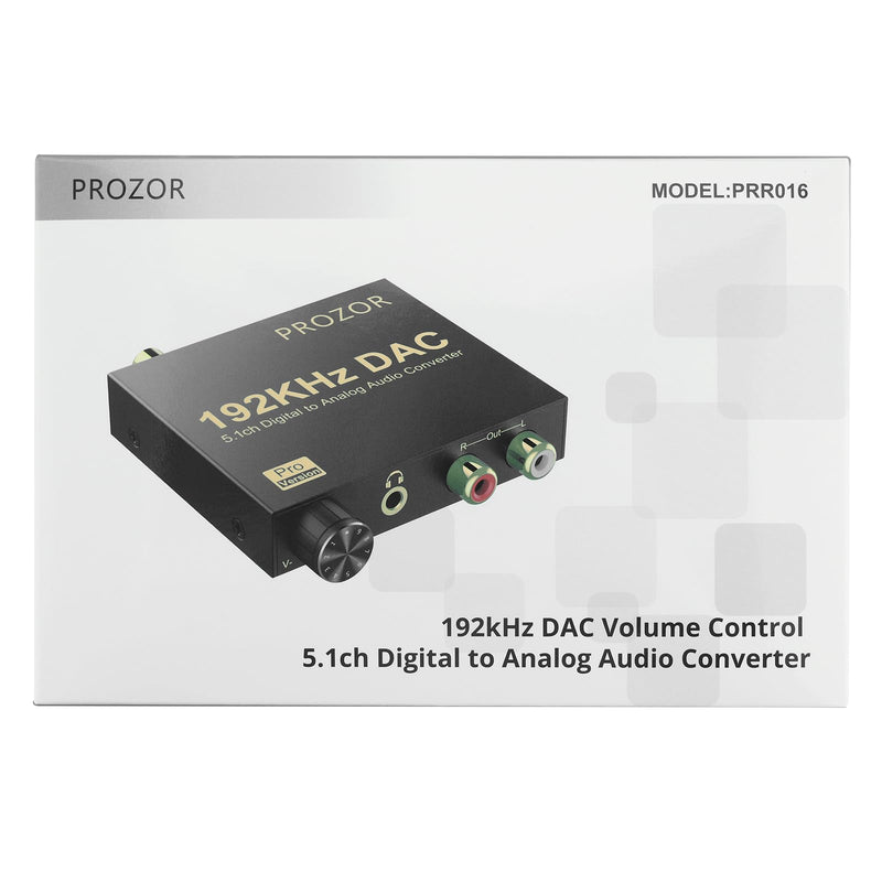 PROZOR 192kHz Digital to Analog Audio Converter Support Dolby AC-3 DTS 5.1CH with Volume Adjustable, Optical to RCA DAC Decoder, Digital DAC Converter SPDIF TOSLINK to Stereo L/R & 3.5mm Jack small DAC Support Dolby AC-3 DTS 5.1CH